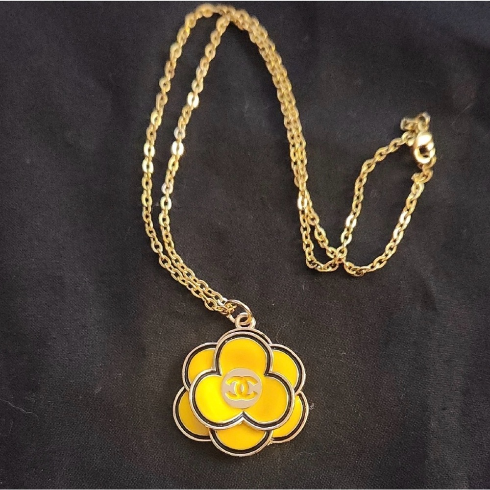 CHANEL Vintage Button- Gold and Yellow Floral Necklace